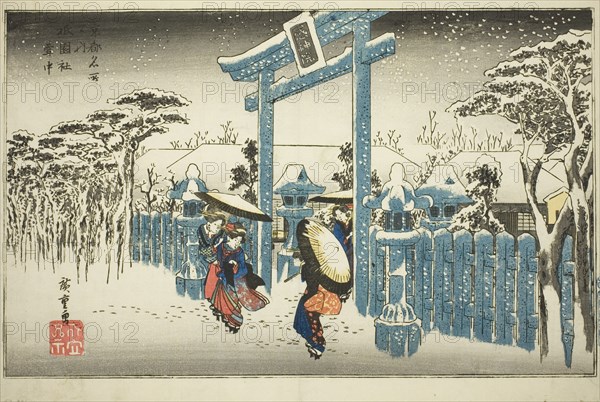 The Gion Shrine in Snow (Gionsha setchu), from the series "Famous Places in Kyoto...", c. 1834. Creator: Ando Hiroshige.