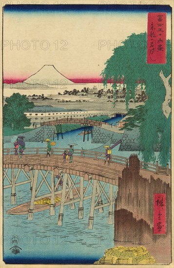 Ichikoku Bridge in the Eastern Capital (Toto Ichikokubashi), from the series "Thirty-six..., 1858. Creator: Ando Hiroshige.