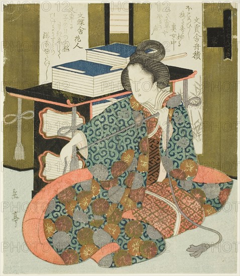 A Woman Pulling the Cord of a Wheeled Book Case, from the series "A Set of Seven...", c. 1825. Creator: Gakutei.