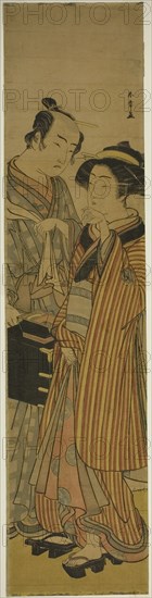 The Actors Segawa Kikunojo III as Okoma (right), and Arashi Sangoro III as the Hairdres..., c. 1776. Creator: Shunsho.