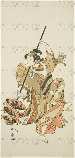 The Actor Iwai Hanshiro IV in the "Sangai-gasa" (Triple-Umbrella) Dance Interlude of..., c. 1771. Creator: Shunsho.