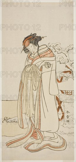 The Actor Segawa Kikunojo III as the Courtesan Kisewata (Tagasode) (?) in the Play Hana..., c. 1775. Creator: Shunsho.