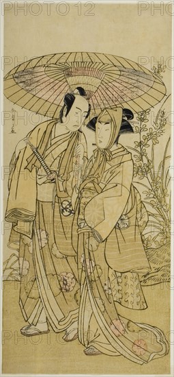 The Actors Segawa Kikunojo III (right) as Ochiyo, and Bando Mitsugoro I (left) as the..., c. 1781. Creator: Shunsho.