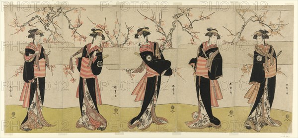 The Actors Segawa Kikunojo III as Karigane Obun, Nakayama Tomisaburo I as An no Oyasu..., c. 1792. Creator: Shunsho.