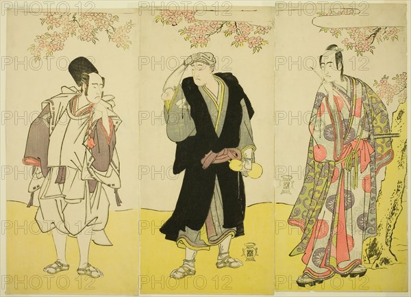 The Actors Sawamura Sojuro III as Kusunoki Tatewaki Masatsura (right), Onoe Matsusuke I..., c. 1786. Creator: Shunsho.