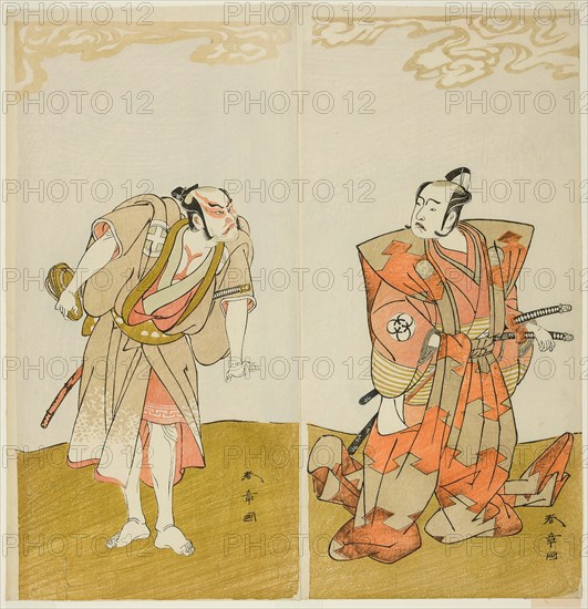 The Actors Bando Mitsugoro I as Hata no Kawakatsu (right), and Otani Hiroemon III as..., c. 1773. Creator: Shunsho.