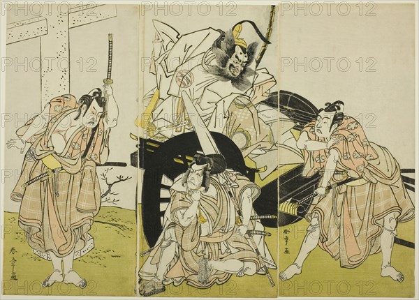 The Actors Nakajima Mihoemon II as Fujiwara no Shihei, Minister of the Left (center, in..., c. 1776. Creator: Shunsho.