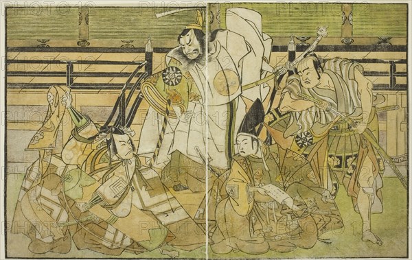 The Actors Nakamura Denkuro II as Seno-o Taro, Ichikawa Komazo II as Yorimasa, Nakamura..., c. 1772. Creator: Shunsho.