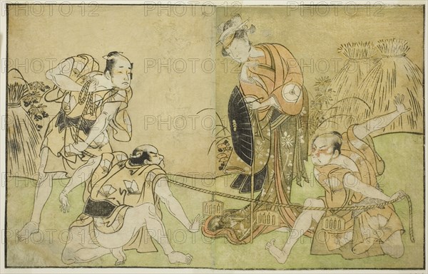 The Actors Bando Zenji I as Nagahashi Saburo, Iwai Hanshiro IV as Otatsu-gitsune, Nakam..., c. 1772. Creator: Shunsho.