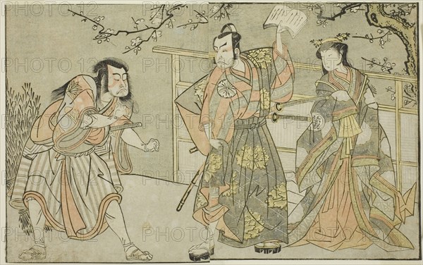 The Actors Yamashita Yaozo I as Ono no Komachi (right), Matsumoto Koshiro II as Godai..., c. 1772. Creator: Shunsho.