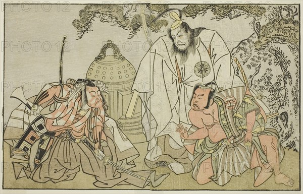 The Actors Nakajima Mihoemon II as Aramaki Mimishiro (right), Matsumoto Koshiro II as..., c. 1772. Creator: Shunsho.