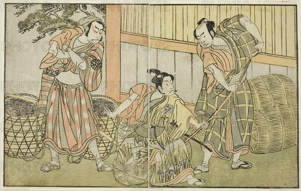 The Actors Kasaya Matakuro II as Hagun Taro (right), Ichikawa Monnosuke II as Izutsu no..., c. 1772. Creator: Shunsho.