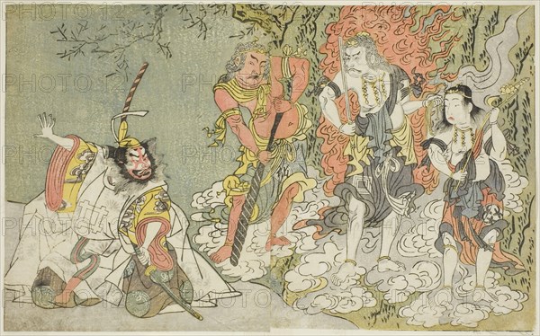 The Actors Sawamura Kijuro I as Ikazuchi Shinno, Prince of Thunder (far left), Ichik..., c. 1771/72. Creator: Shunsho.