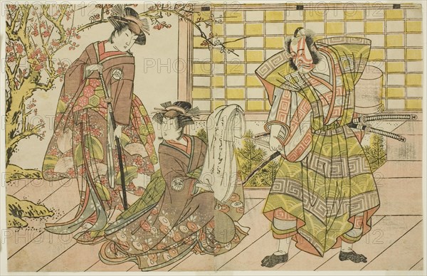 The Actors Ichikawa Danjuro V as Miura Kunitae (right), Segawa Kikunojo III as Yasukata..., c. 1782. Creator: Shunsho.