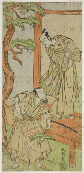 The Actors Ichikawa Danjuro V as Momonoi Wakasanosuke (right), and Nakamura Nakazo I as..., c. 1771. Creator: Shunsho.