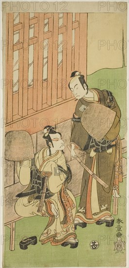 The Actors Ichikawa Komazo II as Soga no Juro Sukenari (right), and Ichikawa Danjuro V..., c. 1771. Creator: Shunsho.