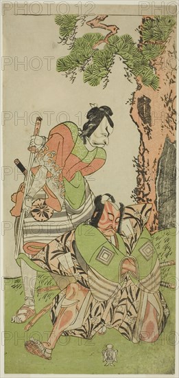 The Actors Ichikawa Danzo III as I no Hayata Tadazumi (right), and Matsumoto Koshiro II..., c. 1770. Creator: Shunsho.