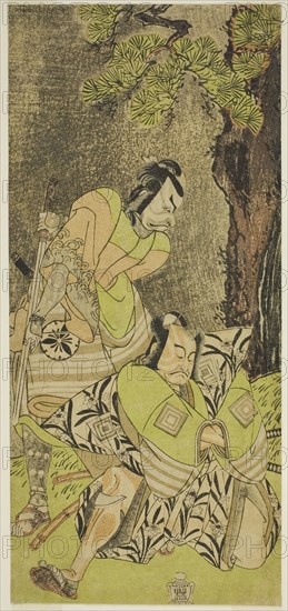 The Actors Ichikawa Danzo III as I no Hayata Tadazumi (right), and Matsumoto Koshiro II..., c. 1770. Creator: Shunsho.