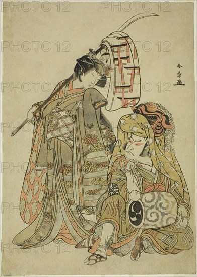 The Actors Nakamura Nakazo I as Onmaya Kisanda Dressed as Kakubei the Lion Dancer (Kaku..., c. 1777. Creator: Shunsho.