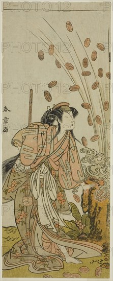 The Actor Segawa Kikunojo III as Hito-maru Disguised as the Courtesan Chiyozaki, in the..., c. 1775. Creator: Shunsho.