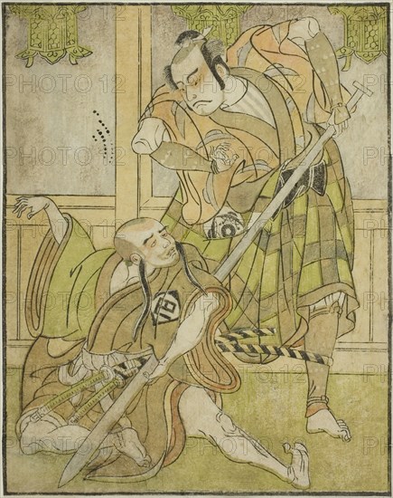 The Actors Kasaya Matakuro II as Nobuyori Disguised as the Yakko Gunnai (right), and Mi..., c. 1772. Creator: Shunsho.