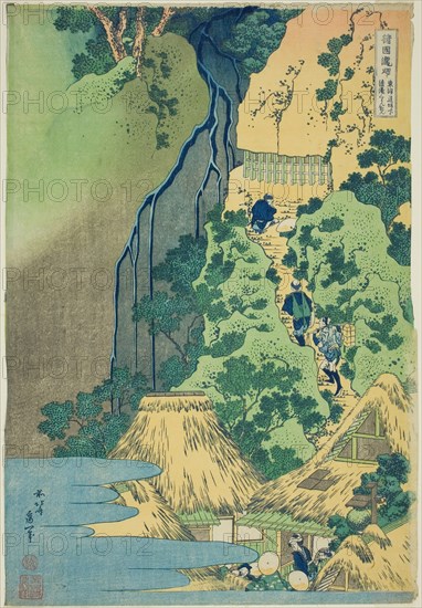 Kannon Shrine at Kiyo Falls at Sakanoshita on the Tokaido (Tokaido Sakanoshita Kiyotaki..., c. 1833. Creator: Hokusai.