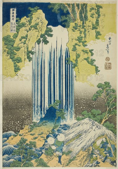 Yoro Falls in Mino Province (Mino no Yoro no taki), from the series "A Tour of Waterfalls..., c1833. Creator: Hokusai.