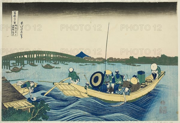 Viewing Sunset over the Ryogoku Bridge from the Onmaya Embankment (Onmayagashi yori..., c. 1830/33. Creator: Hokusai.