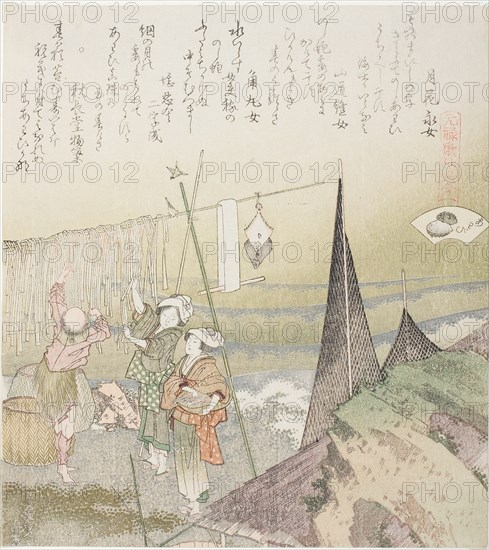 Hanging Abalone Out to Dry, illustration for Abalone (Awabi), from the series "A Matching ..., 1821. Creator: Hokusai.