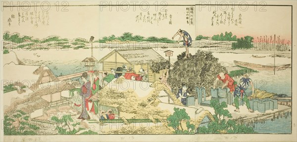 Pages from the illustrated book "Panoramic Views along the Banks of the Sumida...,1801,1804, or 806. Creator: Hokusai.