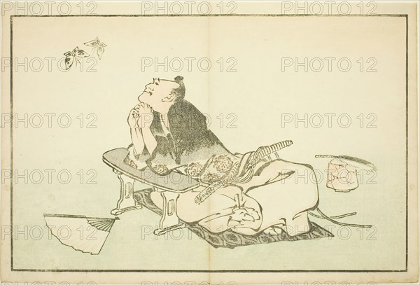 A Philosopher Watching a Pair of Butterflies, from The Picture Book of Realistic..., c. 1814. Creator: Hokusai.