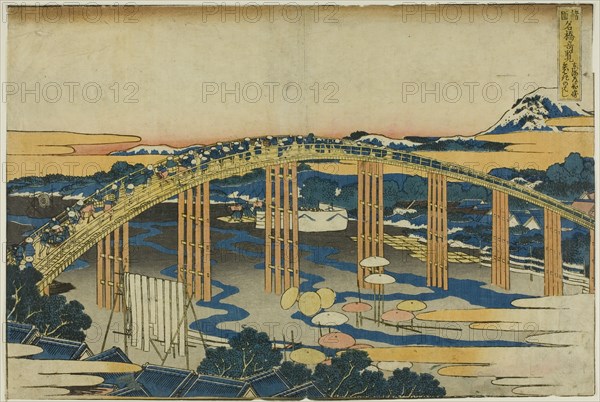 Yahagi Bridge at Okazaki on the Tokaido (Tokaido Okazaki Yahagi no hashi), from the..., c. 1833/34. Creator: Hokusai.