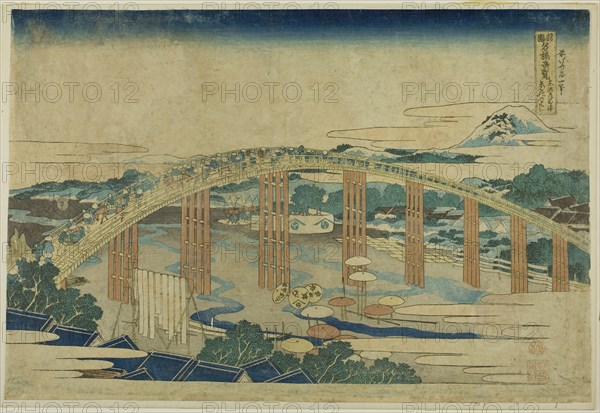 Yahagi Bridge at Okazaki on the Tokaido (Tokaido Okazaki Yahagi no hashi), from the..., c. 1833/34. Creator: Hokusai.