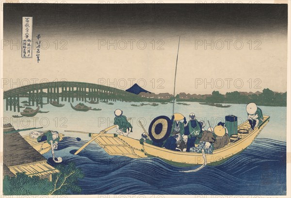 Fuji from Ommayagashi with Twilight over Ryogoku Bridge (Ommayagashi yori ryogokubas..., c. 1830/33. Creator: Hokusai.