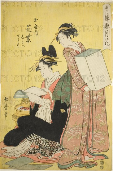 Snow, Moon, and Flowers in the Pleasure Quarters (Seiro setsugekka) : Hanamurasaki of..., n.d. Creator: Kitagawa Utamaro.