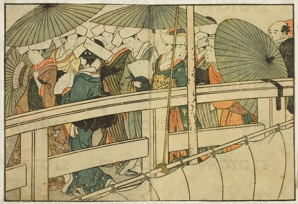 Crossing a Bridge in Summer, from the illustrated book "Picture Book: Flowers of the Four..., 1801. Creator: Kitagawa Utamaro.