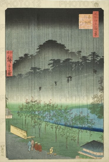 Night Rain at the Paulownia Grove at Akasaka (Akasaka Kiribatake uchu yukei), from the ser..., 1859. Creator: Utagawa Hiroshige II.