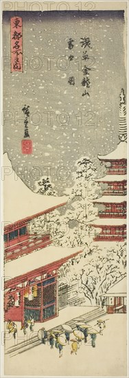 Kinryuzan Temple in Asakusa in Falling Snow (Asakusa Kinryuzan setchu no zu), from the ser..., 1840. Creator: Ando Hiroshige.
