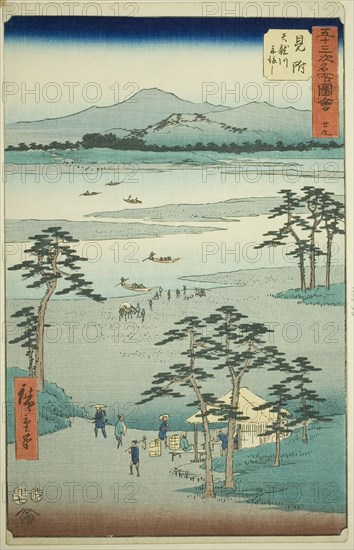 Mitsuke: Ferry on the Tenryu River (Mitsuke, Tenryugawa funewatashi), no. 29 from the seri..., 1855. Creator: Ando Hiroshige.