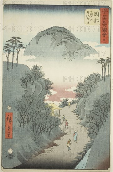 Okabe: Narrow Ivy-covered Road at Mount Utsu (Okabe, Utsu no yama tsuta no hosomichi), no...., 1855. Creator: Ando Hiroshige.