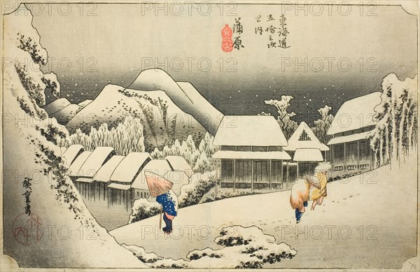 Kanbara: Evening Snow (Kanbara, yoru no yuki), from the series "Fifty-three Stations..., c. 1833/34. Creator: Ando Hiroshige.