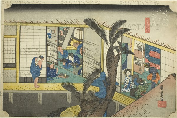 Akasaka: Waitresses at an Inn (Akasaka, ryosha shofu no zu), from the series "Fifty..., c. 1833/34. Creator: Ando Hiroshige.