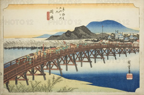 Okazaki: Yahagi Bridge (Okazaki, Yahagi no hashi), from the series "Fifty-three..., c. 1833/34. Creator: Ando Hiroshige.