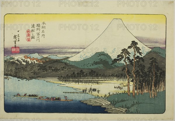 Ferry Boats Crossing the Fuji River in Suruga Province (Sunshu Fujikawa watashibune..., c. 1837/39. Creator: Ando Hiroshige.