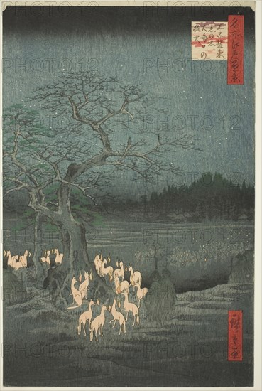 New Year’s Eve Fox Fires at the Changing Tree (Oji shozoku enoki omisoka no kitsunebi), fr..., 1857. Creator: Ando Hiroshige.