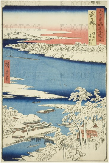 Musashi Province: Morning after Snow on the Sumida River (Musashi, Sumidagawa yuki no ashi..., 1853. Creator: Ando Hiroshige.