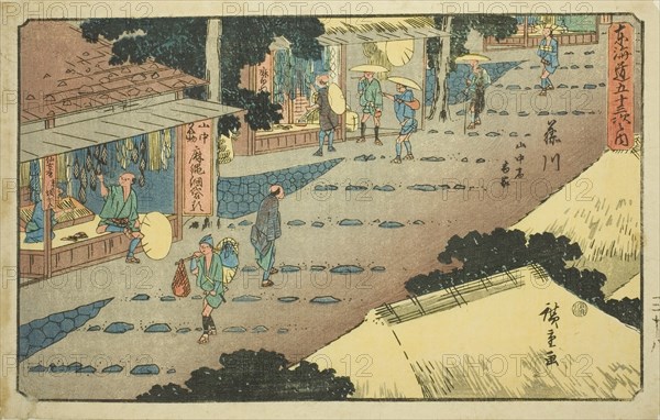 Fujikawa: Lodgings and Shops on the Mountainside (Fujikawa, sanchu shuku shoka)..., c. 1841/44. Creator: Ando Hiroshige.