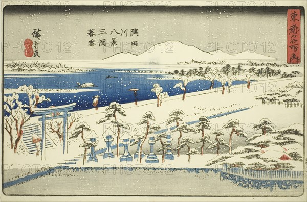 Evening Snow at Mimeguri, Eight Views of the Sumida River (Sumidagawa hakkei, Mimegu..., c. 1840/42. Creator: Ando Hiroshige.