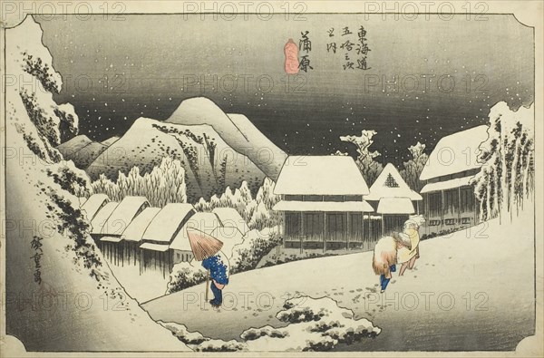 Kanbara: Evening Snow (Kanbara, yoru no yuki), from the series "Fifty-three Stations..., c. 1833/34. Creator: Ando Hiroshige.