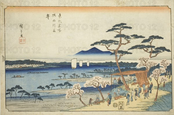 Cherry Blossoms in Full Bloom along the Sumida River (Sumidagawa hanazakari), from..., c. 1839/42. Creator: Ando Hiroshige.